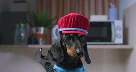 Portrait of cartoon character dog in red cap, blue uniform of plumber with wrench in kitchen with household appliances. Puppy inexperienced trainee carefully watches his partner learns to repair pipes