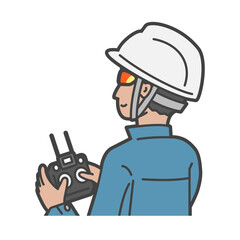 サングラス・ヘルメットと安全装備で、プロポを持ちドローンを操縦する作業員・パイロット