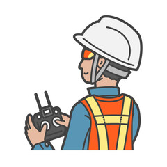 サングラス・ヘルメット・蛍光ベストと安全装備で、プロポを持ちドローンを操縦する作業員・パイロット