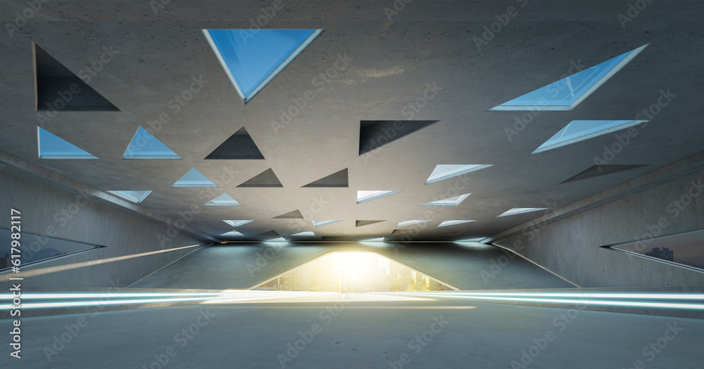 Poster 3d empty concrete floor and roof interior architecture with triangular element design