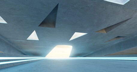 3D empty concrete floor and roof interior architecture with triangular element design