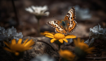 Fototapeta na wymiar Vibrant butterfly pollinates yellow flower in tranquil garden scene generated by AI