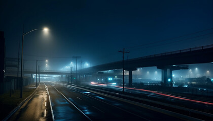 Nighttime traffic on multiple lane highway, illuminated by street lights generated by AI