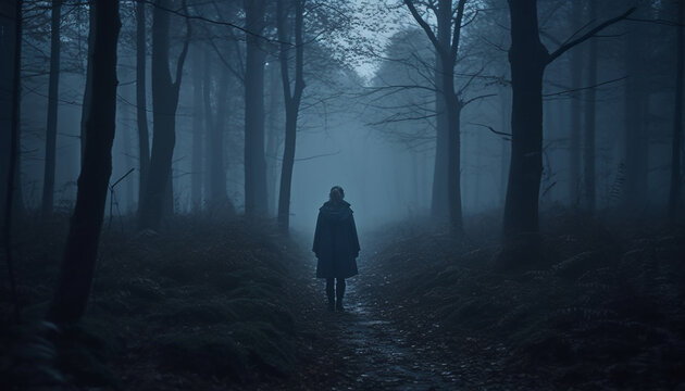 One person walking in spooky forest, silhouette against dark landscape generated by AI