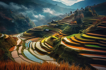 rice fields at sunrise in Vietnam, generative AI - obrazy, fototapety, plakaty