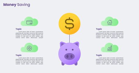 Infographic piggy bank with balloon diagram template for 4 topic money saving concept