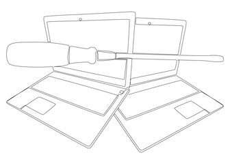 One continuous line of Laptop with Screwdriver. Thin Line Illustration vector concept. Contour Drawing Creative ideas.