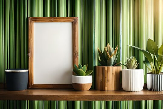 Scandinavian room interior with mock up photo frame on the brown bamboo shelf with beautiful plants in differents hipster and design pots. White walls. Modern and floral concept of shelfs