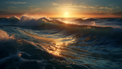 Fototapeta na wymiar Sunset over majestic seascape, waves breaking on yellow sand generated by AI