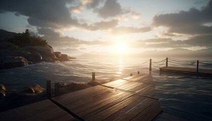 Tranquil sunset over wood plank jetty on serene coastline generated by AI