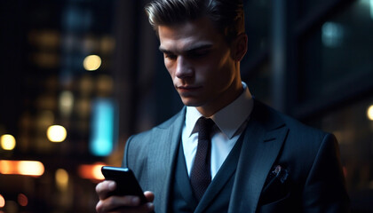 Young businessman holding smart phone, standing outdoors in city night generated by AI