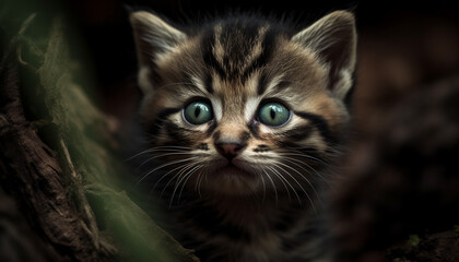 Obraz premium Fluffy kitten staring, green eyes focused on nature beauty outdoors generated by AI