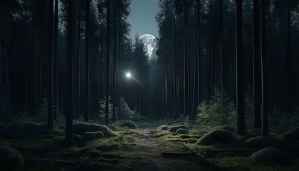 Fototapete Fantasielandschaft Tranquil scene of a mysterious forest in the dark night generated by AI