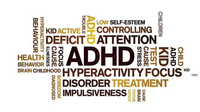 ADHD animated tag word cloud;Attention Deficit Hyperactivity Disorder design kinetic typography seamless loop.