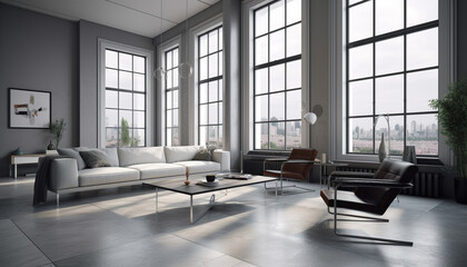 Modern domestic room with bright decor, comfortable armchair, and empty table generated by AI