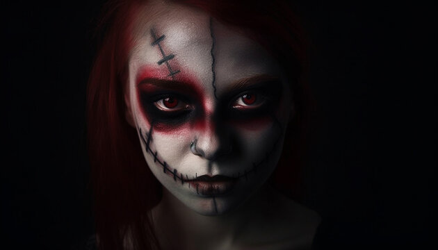 Spooky portrait of young adult woman with face paint and shadow generated by AI