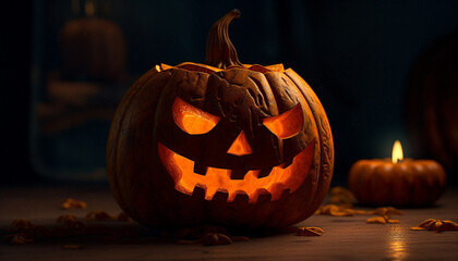 Spooky pumpkin lanterns illuminate the dark autumn night of Halloween generated by AI