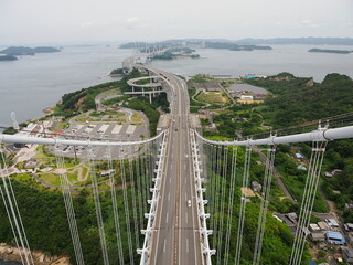 Kagawa, Japan - June 25, 2023: The Great Seto Bridge or Seto Ohashi Bridge viewed from the top of bridge tower
