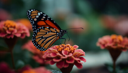 Fototapeta na wymiar Vibrant monarch butterfly pollinates multi colored flower in natural beauty generated by AI