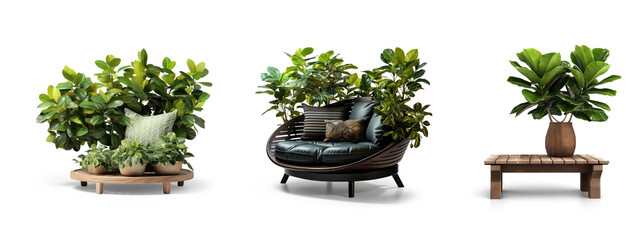 collection Set of different styles of outdoor seats and tree pot in modern design cutouts isolated on transparent background - Generative AI - obrazy, fototapety, plakaty
