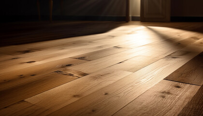 Dark hardwood flooring creates a rustic backdrop for modern design generated by AI