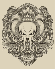 King octopus with antique engraving ornament