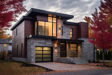 Sleek Architecture and Natural Stone Details Accentuate this Artful Residence with a Two-car Garage and Burgundy Siding, generative AI