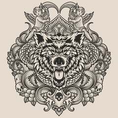 Fototapeta premium Angry wolf head with antique engraving ornament