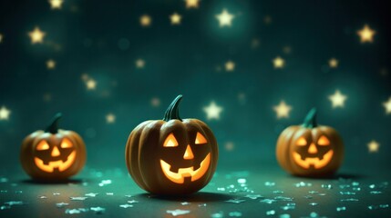 A whimsical Jack-o-lanterns background, with playful expressions and twinkling stars. Halloween pumpkin lantern on green background.