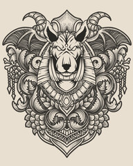 Anubis head with two angel skull antique engraving ornament