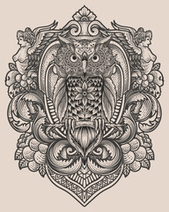 Owl bird mandala style with antique engraving ornament