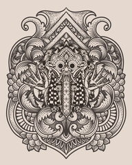 Rangda mask Traditional Balinese Culture with antique engraving ornament