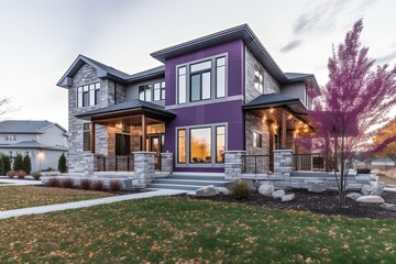 Avant-Garde Aesthetic: Distinctive Brand New Property with Three-Car Garage, Purple Siding, and Natural Stone Pillars, generative AI