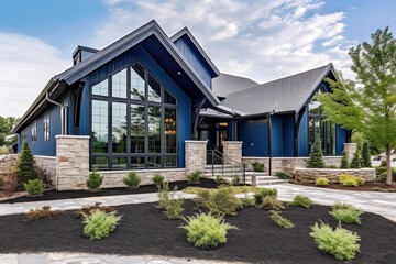 Avant-Garde Aesthetic Meets Distinctive Navy Blue Siding: Brand New Property with Three-Car Garage and Natural Stone Pillars, generative AI