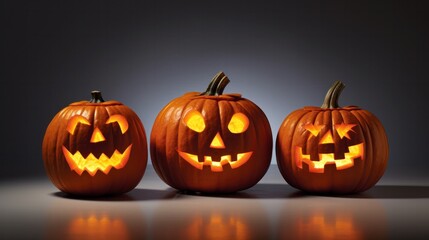 A spooky Jack-o-lanterns. Many Halloween Pumpkins in a row on dark background.