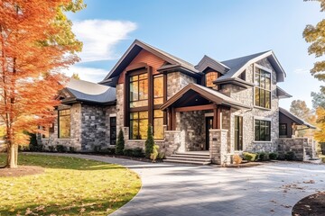 Avant-Garde Aesthetic Unveiled in Distinctive Brand New Property with Three-Car Garage, Coral Siding, and Natural Stone Pillars, generative AI
