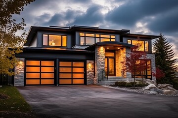 Eclectic Modern Residence: Sleek Styling, Double Garage, Navy Blue Siding, and Natural Stone Elements, generative AI