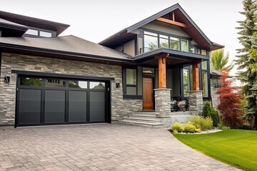 Double Garage & Sleek Styling: A Unique Eclectic Residence with Green Siding and Natural Stone Elements, generative AI