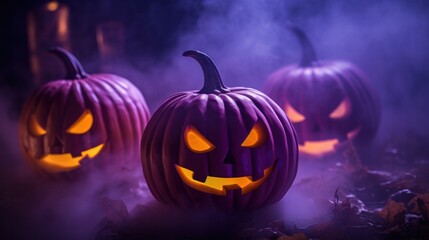 An eerie Jack-o-lanterns background, surrounded by swirling mist, halloween pumpkin lantern on purple background.
