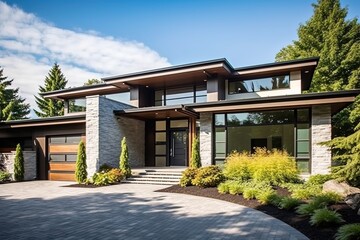 Fototapeta premium Eclectic, Sleek Styling: A Stunning Residence with Double Garage, Bronze Siding, and Natural Stone Elements, generative AI
