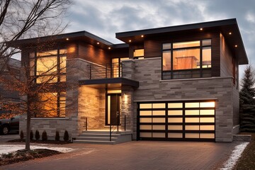 Double Garage and Natural Stone Elements Define this Sleek, Eclectic Residence with Brown Siding, generative AI