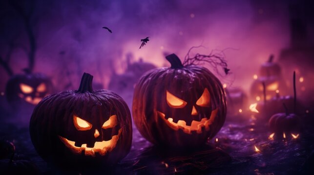 An eerie Jack-o-lanterns background, surrounded by swirling mist, halloween pumpkin lantern on purple background.