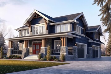 Obraz premium Exemplary Fresh Construction: Innovative Styling with Double Garage, Navy Blue Siding, and Natural Stone Porch, generative AI