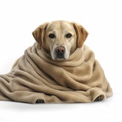 dog with warm cozy blanket on white background with space for text.Generative AI 