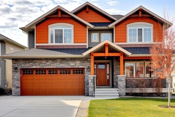 Fototapeta na wymiar Double Garage and Orange Siding: Innovative Styling in an Exemplary Fresh Construction Dwelling with a Natural Stone Porch, generative AI