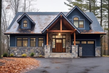 Fototapeta na wymiar Exemplary Fresh Construction Dwelling with Innovative Styling and Double Garage: Dark Blue Siding and Natural Stone Porch, generative AI
