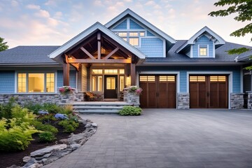 Fototapeta na wymiar Double Garage, Exemplary Fresh Construction Dwelling with Innovative Styling and Light Blue Siding: Explore the Natural Stone Porch!, generative AI