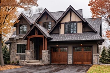Fototapeta na wymiar Double Garage, Exemplary Fresh Construction Dwelling with Bronze Siding and Natural Stone Porch: Innovative Styling Unveiled, generative AI