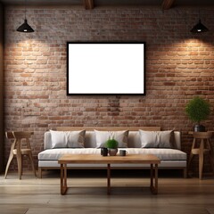 Interior of coffee shop with blank white picture frame mock up in a  a cozy and rustic coffee shop with exposed brick walls, wooden furniture, and warm lighting. Created with Generative AI Technology
