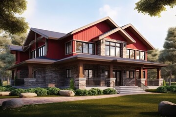 Exemplary Fresh Construction Dwelling with Innovative Styling, Double Garage, Red Siding, and Natural Stone Porch, generative AI